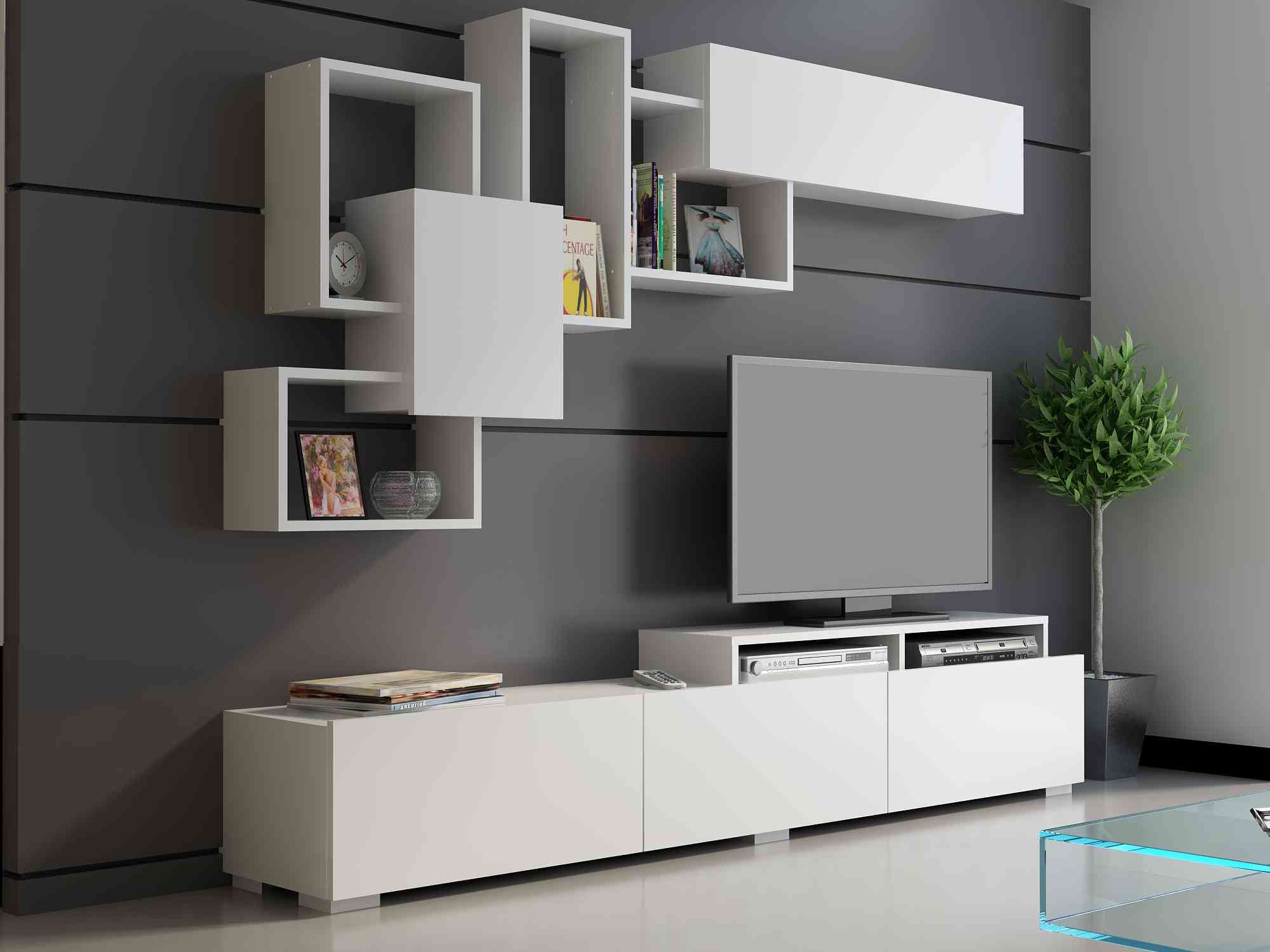 Amor TV Stand with Wall Shelf and Cubbies for up to 85'' TVs