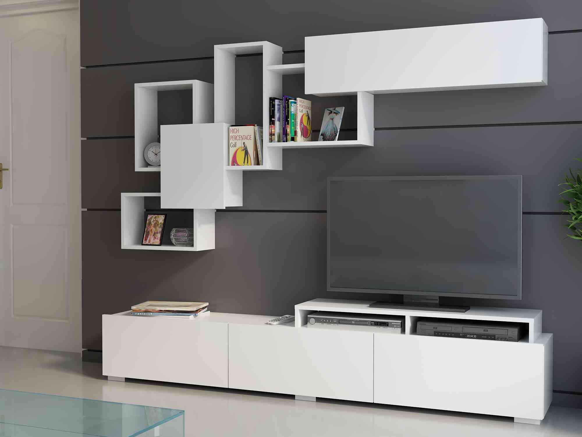 Amor TV Stand with Wall Shelf and Cubbies for up to 85'' TVs