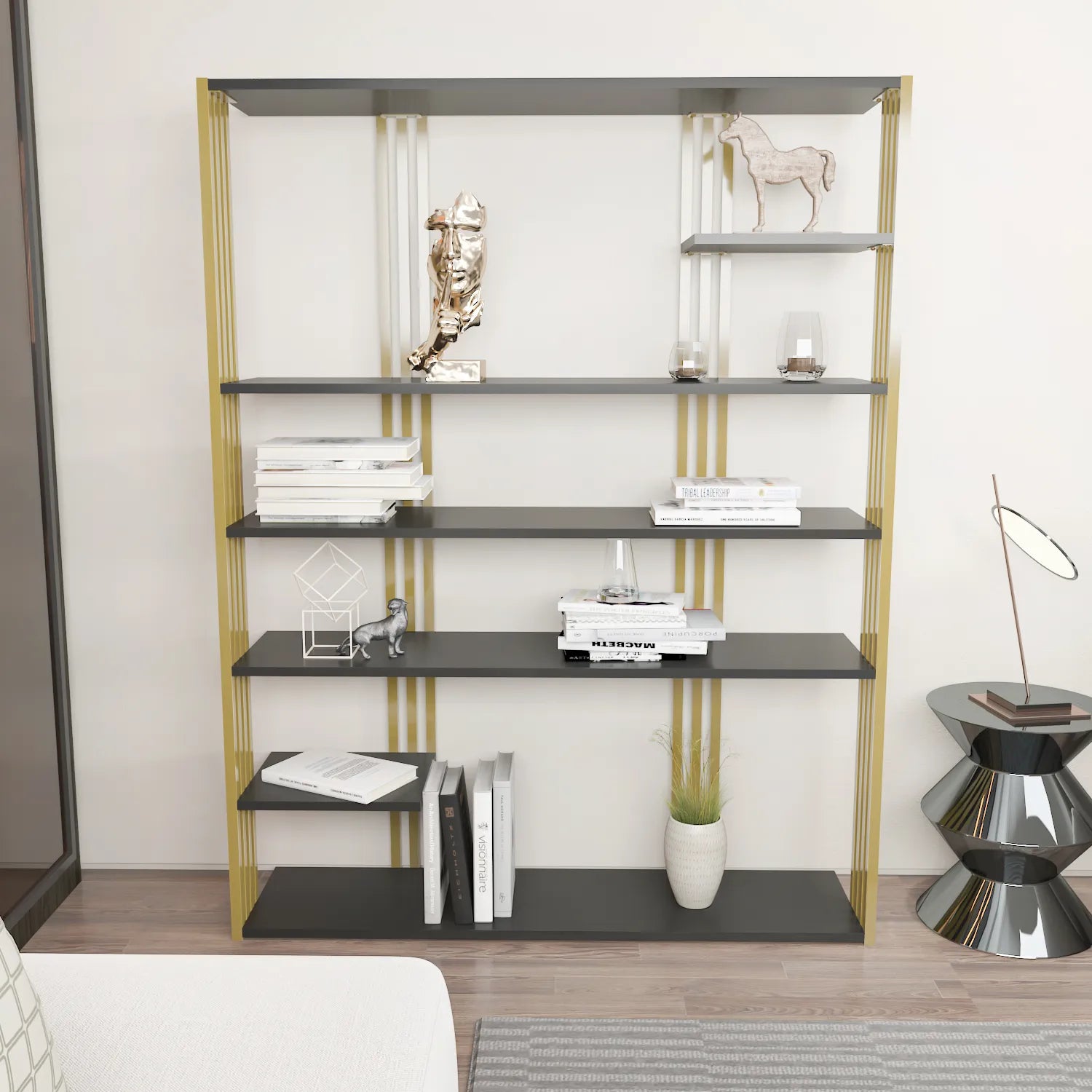 Jeni 63 Tall Metal Wood Bookcase | Bookshelf | Display Unit Silva Green & Black