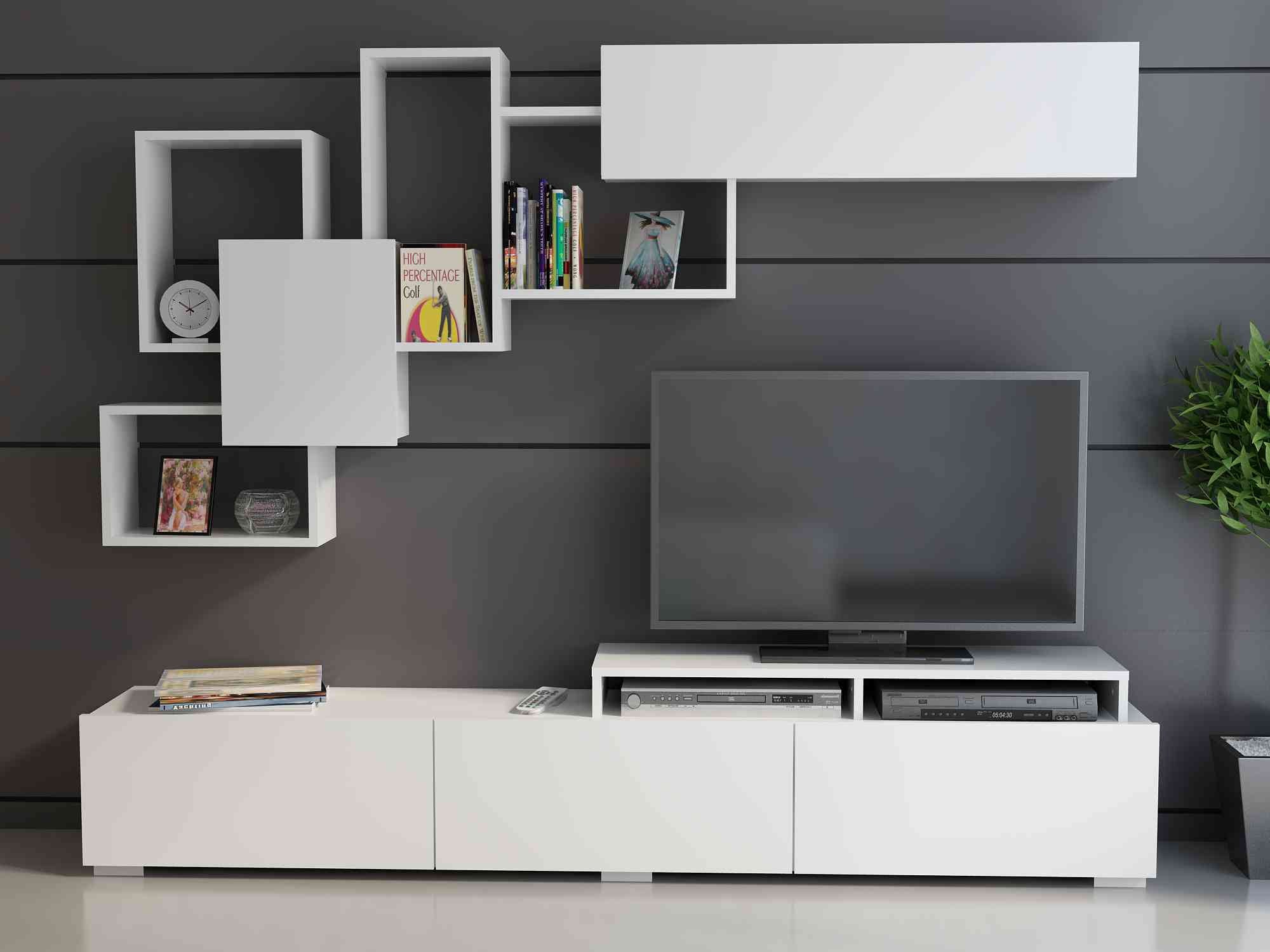 Amor TV Stand with Wall Shelf and Cubbies for up to 85'' TVs